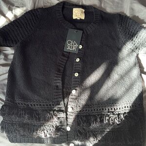 Chaser Fringe Sleeve Cardigan Black Size Medium New